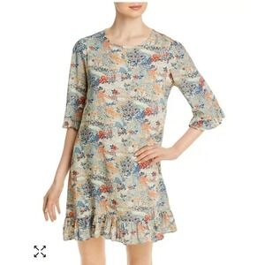 Johnny Was Jade Blue Floral Rayon Ruffle Shift Dress Small